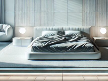 Grafika vytvořená AI znázorňující velkou čistou ložnici s dominantní manželskou postelí.