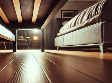 Grafika vytvořená AI znázorňující dřevěnou podlahu pod postelí.