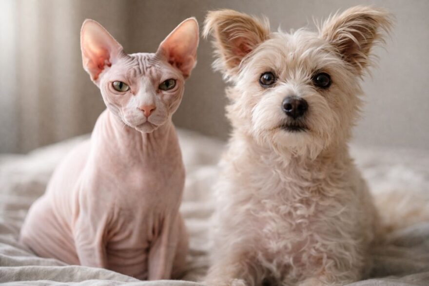 Nahatá kočka Sphynx a krátkosrstý pes způsobují také alergie.