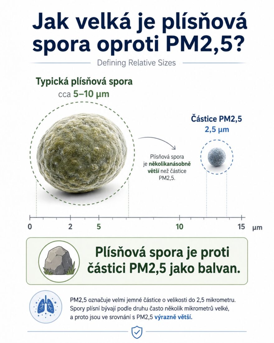Infografika vysvetľujúca, aká veľká je spóra, oproti časticiam PM 2.5.